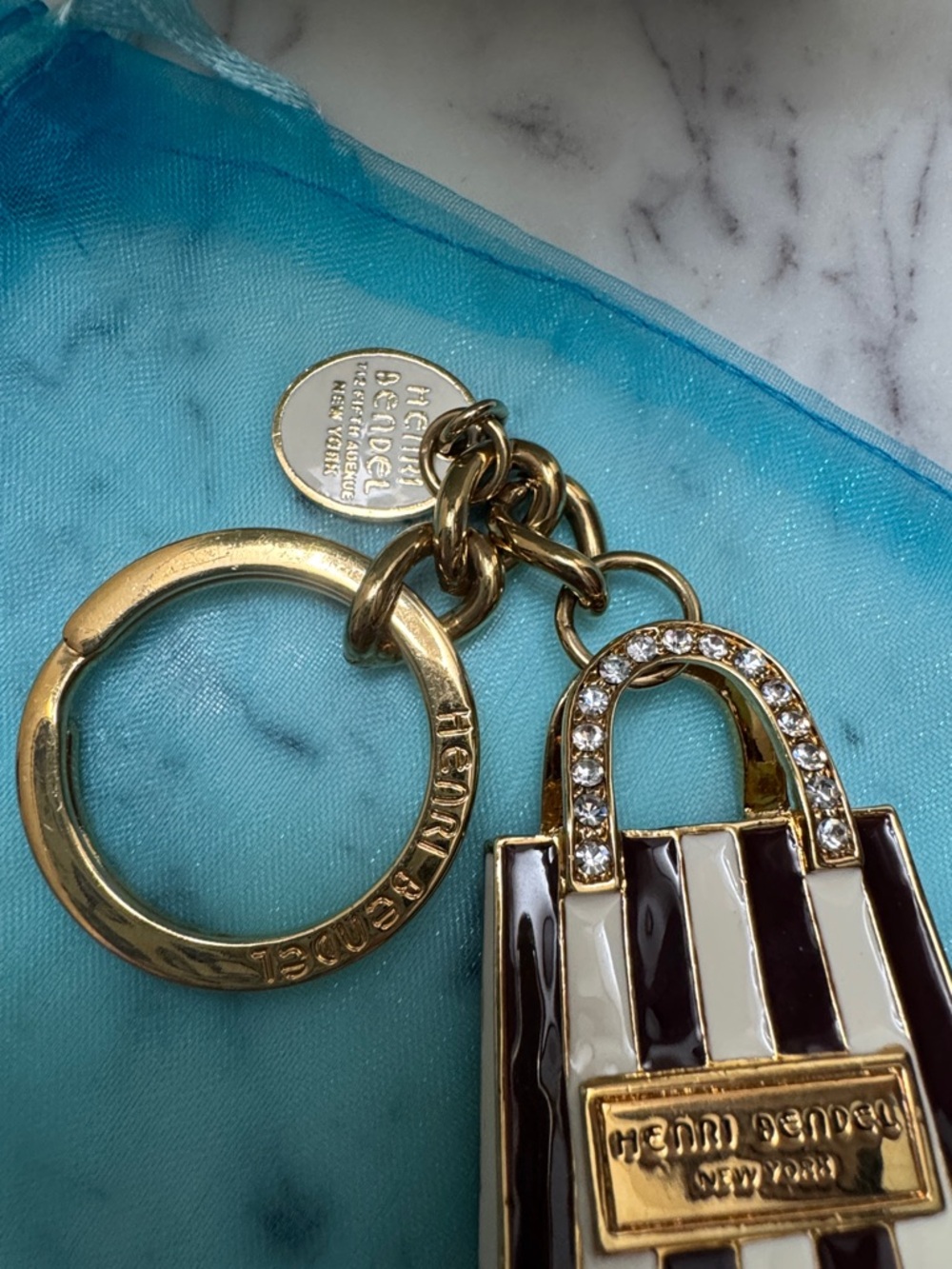 henri bendel Striped Mini Bag Keychain / Bag Charm Brown & White with Gold NWOT - Picture 3 of 8